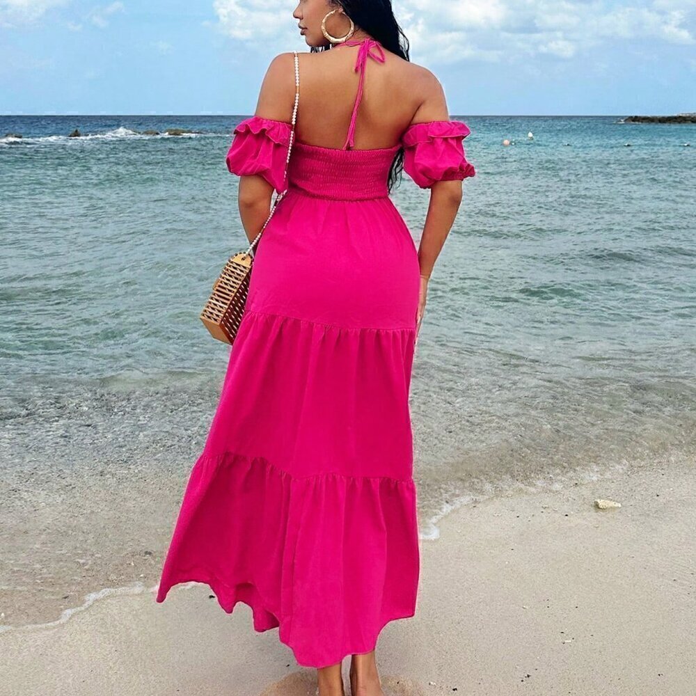 Pink Boho Women's Off-Shoulder Halter Belted Dress - Picture 2 of 5